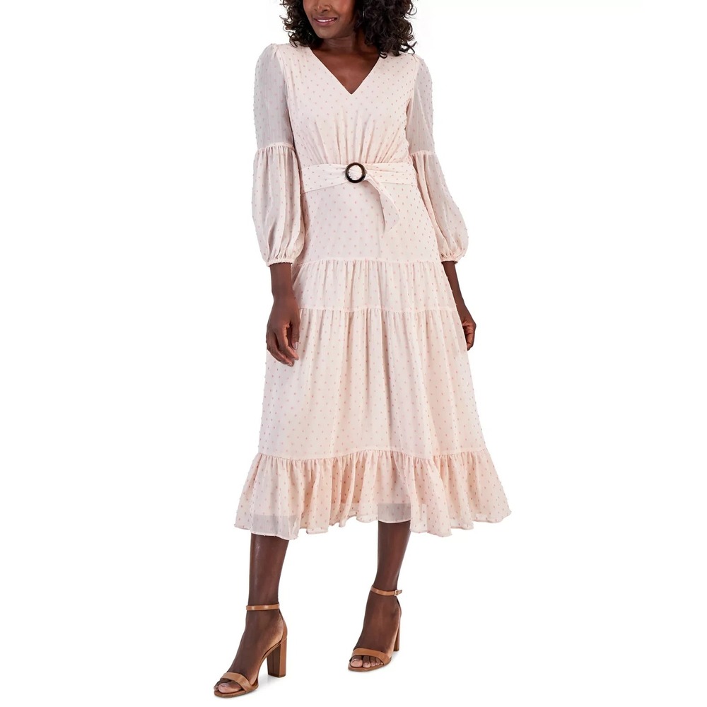 Taylor Maxi Dress Womens 10 Pink Clip Dot Chiffon Tiered‎ Belted Romantic